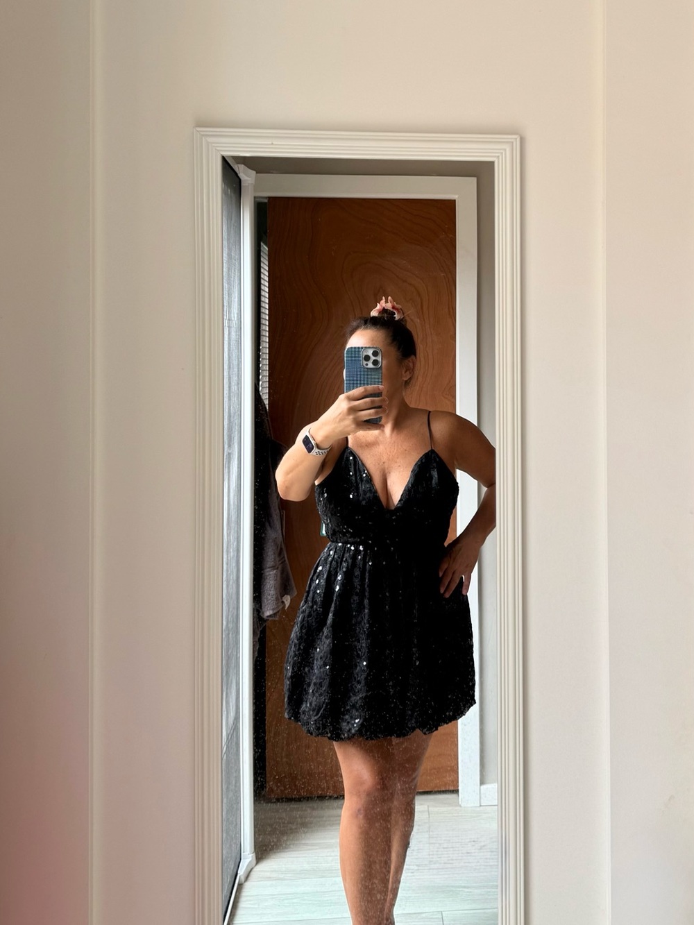 Mahina Black Sequin V-Neck Spaghetti Strap Mini Dress